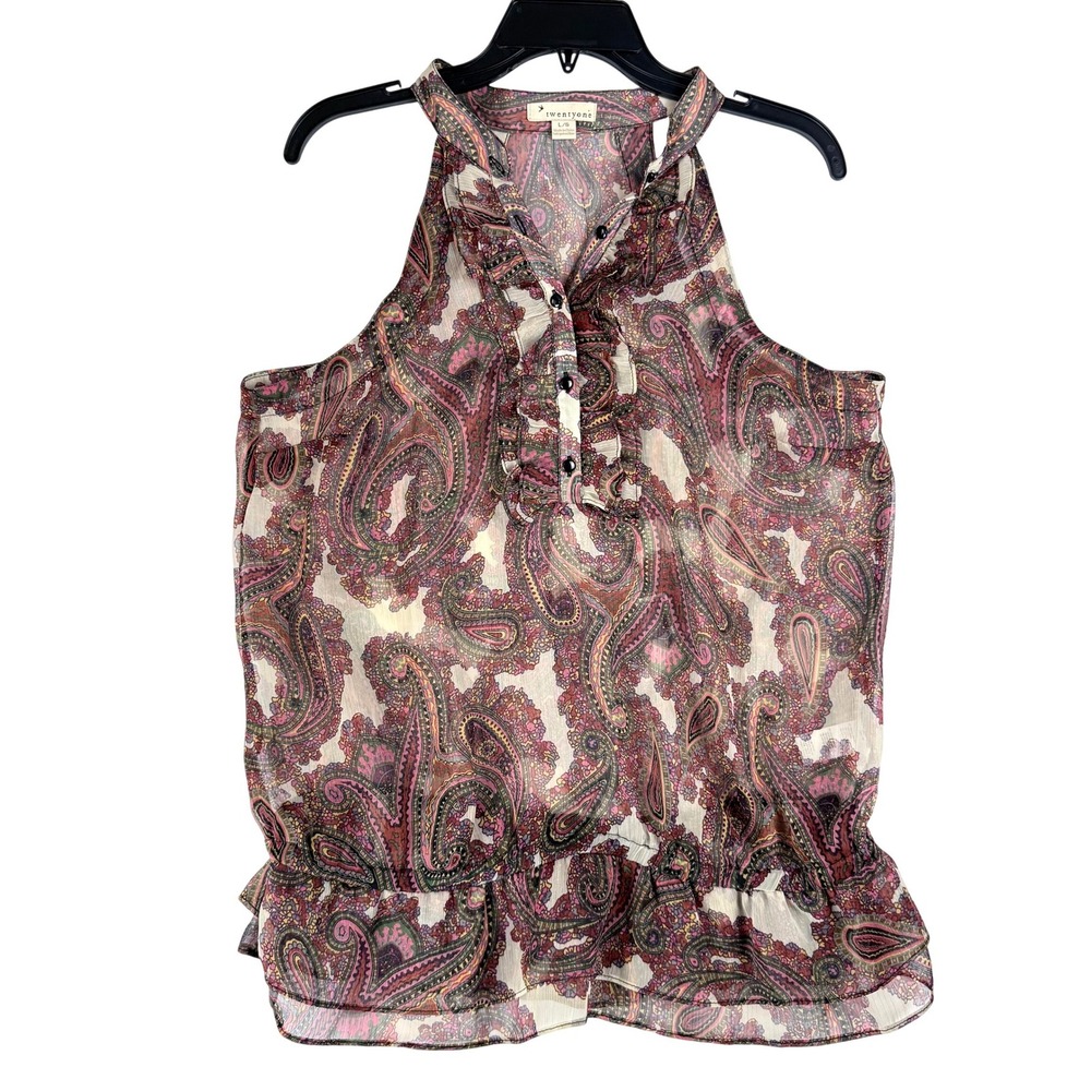Twenty One Paisley Halter Top Women Large Ruffle Smocked Boho Festival Chiffon